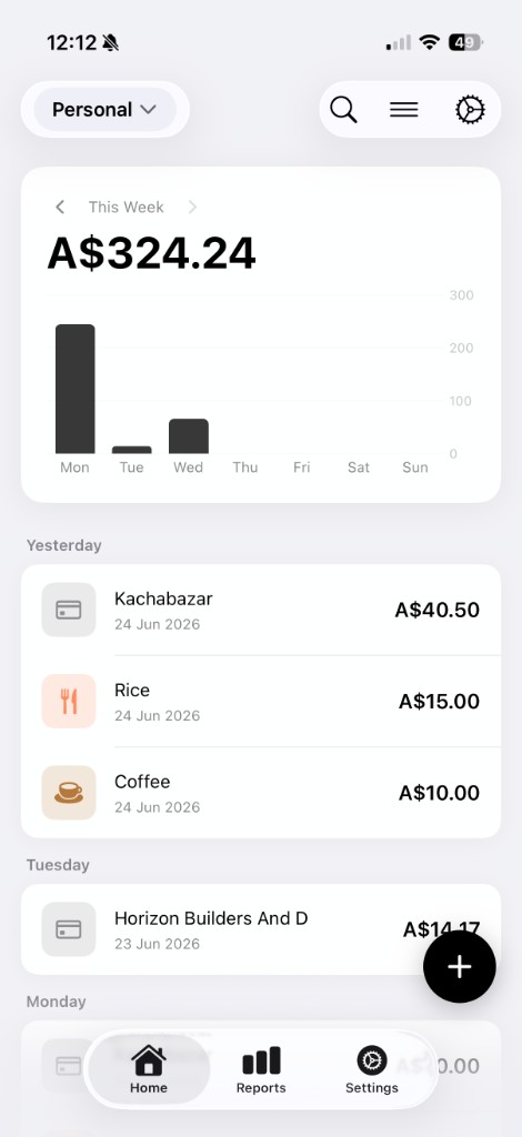 TapXpense home dashboard with the week's spending, a weekly bar chart and recent transactions