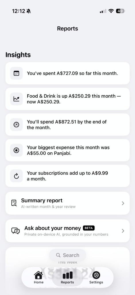 TapXpense insights with spend forecast, biggest expense and subscription totals