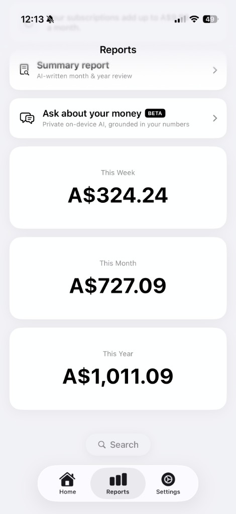 TapXpense reports screen showing spending totals for the week, month and year