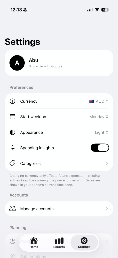 TapXpense settings with Google sign-in, currency, week start and category management