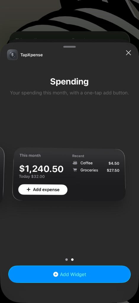 TapXpense home-screen widget showing the month's spending with a one-tap add button